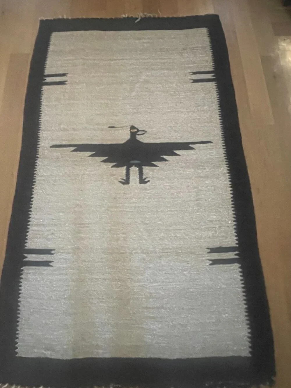 Vintage Mexican Zapotec Handmade Flatwoven Geometric Road Runner Beige Rug